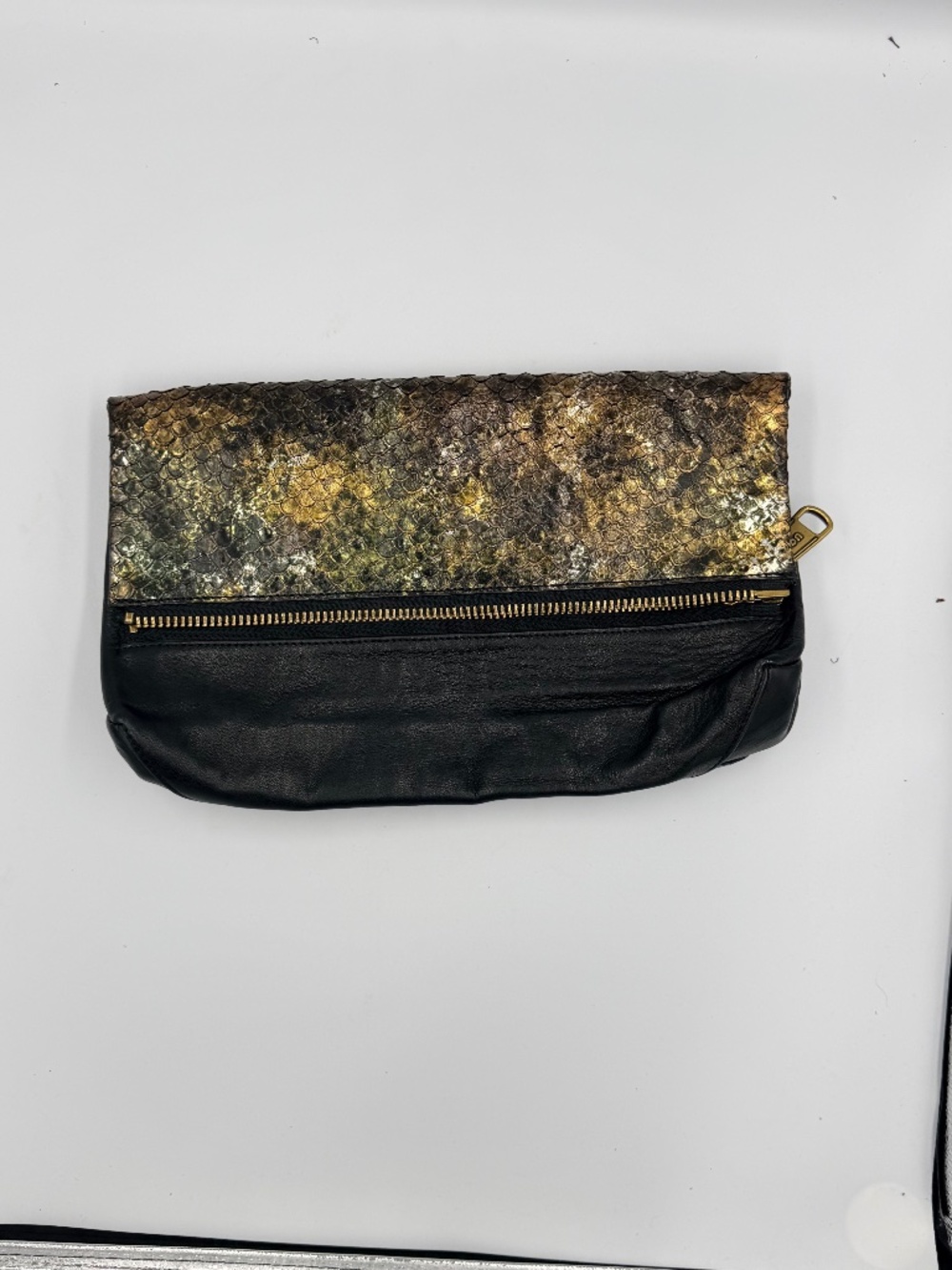 Joy Gryson Black Leather Metallic Python Foldover Clutch Bag